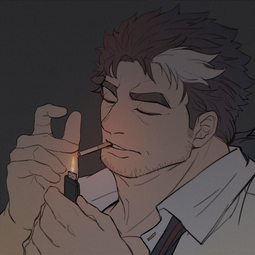 1boy bara black_hair chest cigarette close-up closed_eyes face facial_hair ina_zuma lighter lighting_cigarette male_focus manly mononobe_kyoma_(tokyo_houkago_summoners) mouth_hold multicolored_hair muscle shirt short_hair solo streaked_hair stubble tokyo_houkago_summoners two-tone_hair upper_body white_hair white_shirt