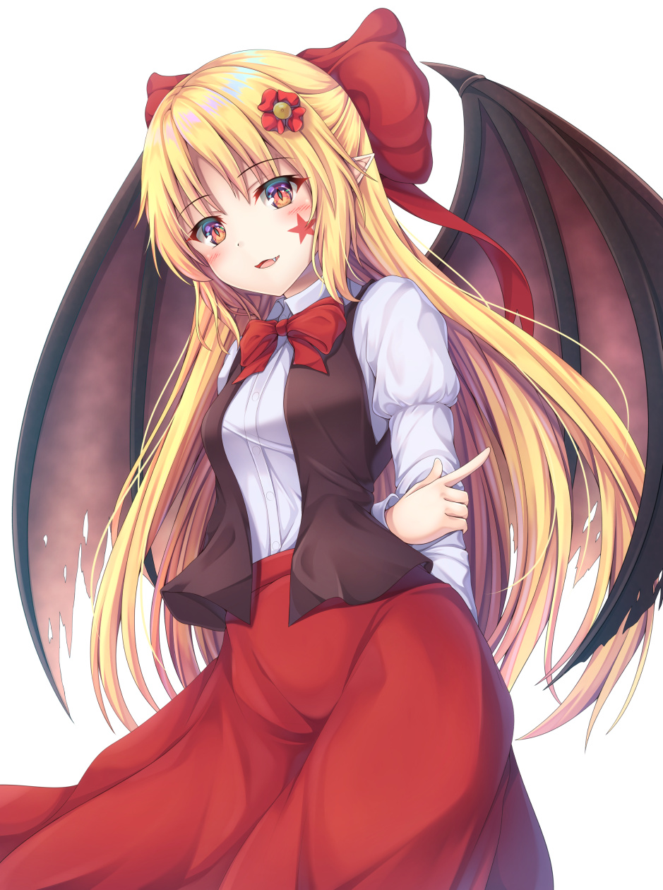 arms_behind_back bangs bat_wings black_vest blonde_hair blush bow bowtie cowboy_shot elis_(touhou) eyebrows_visible_through_hair facial_mark fang flower hair_bow hair_flower hair_ornament highres juliet_sleeves long_hair long_skirt long_sleeves open_mouth parted_bangs pointy_ears puffy_sleeves red_bow red_eyes red_flower red_neckwear red_skirt shirt simple_background skirt star_(symbol) touhou touhou_(pc-98) vest white_background white_shirt wings yanagi_no_ki yellow_eyes