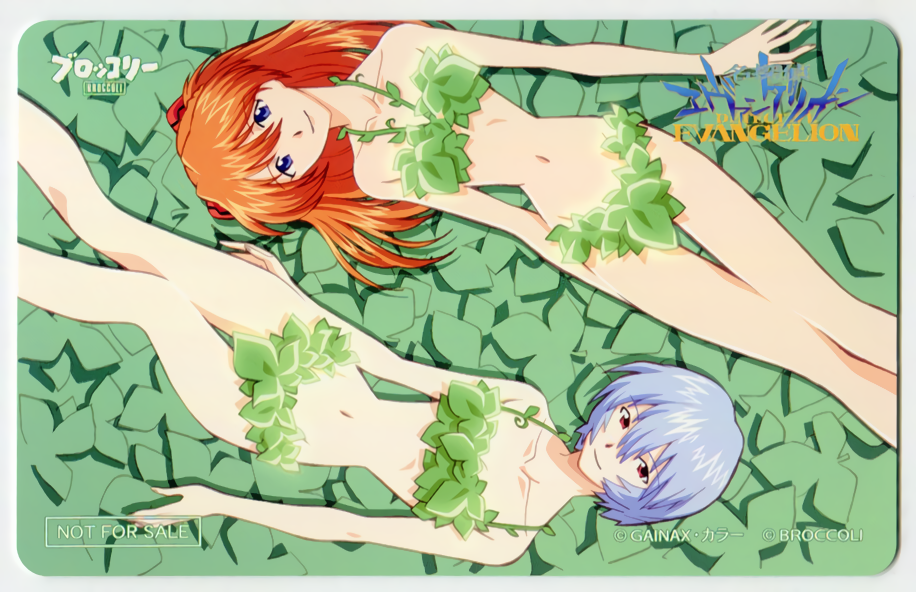 1990s_(style) 2girls ayanami_rei blue_eyes card_(medium) collarbone company_name copyright hairpods halterneck leaf leaf_bikini light_blue_hair logo long_hair looking_at_viewer multiple_girls navel neon_genesis_evangelion not_for_sale official_art red_eyes redhead short_hair smile souryuu_asuka_langley