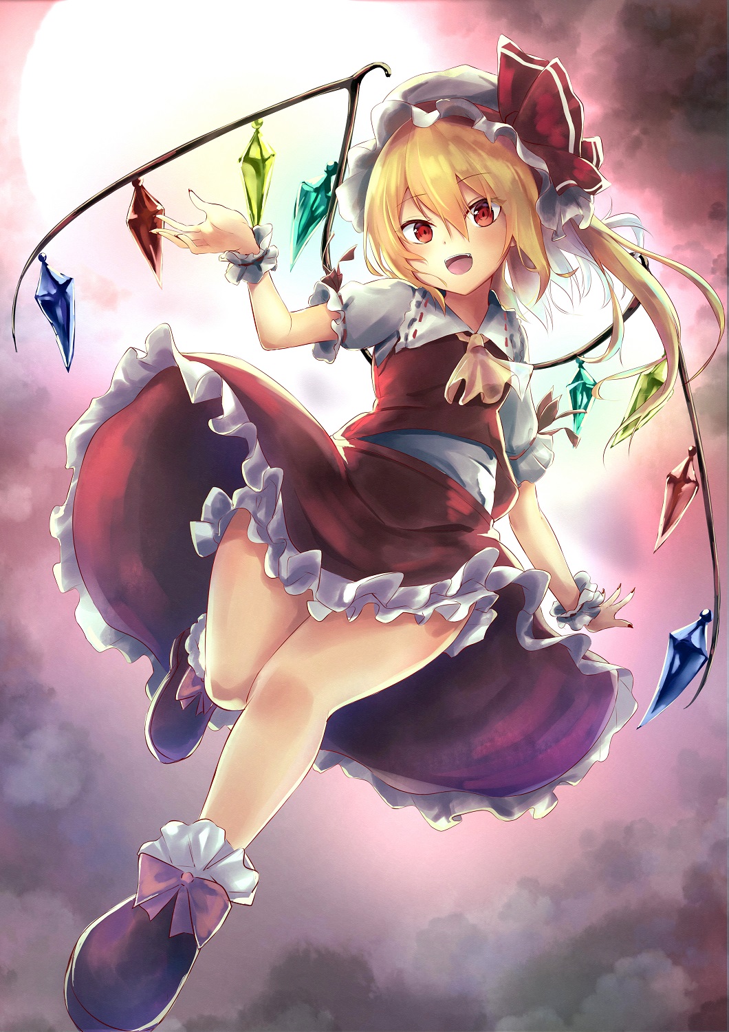 1girl :d ascot black_footwear blonde_hair bloomers blush bobby_socks bow clouds commentary crystal dutch_angle eyebrows_visible_through_hair fang fingernails flandre_scarlet frilled_cuffs frilled_shirt_collar frilled_skirt frills full_body hair_between_eyes hat hat_ribbon highres looking_at_viewer medium_hair mob_cap moon moonlight night one_side_up open_mouth red_bow red_eyes red_nails red_skirt red_vest renka_(cloudsaikou) ribbon sharp_fingernails shirt shoe_bow shoes short_sleeves skirt skirt_set sky smile socks solo thighs touhou underwear upper_teeth vest white_shirt wings wrist_cuffs yellow_neckwear