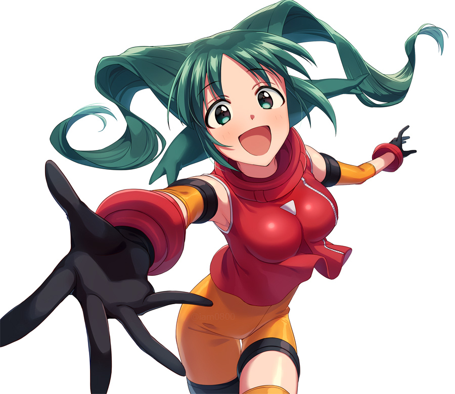 1girl :d aqua_eyes aqua_hair black_gloves breasts eyebrows_visible_through_hair foreshortening gloves long_hair looking_at_viewer medium_breasts open_mouth orange_jumpsuit sayshownen short_jumpsuit simple_background smile solo solty_rei solty_revant twitter_username white_background