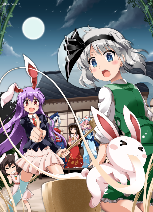 &gt;_&lt; 6+girls ^_^ animal animal_ears aqua_legwear ascot bamboo bamboo_forest bangs black_bow black_hair black_hairband black_ribbon blazer blouse blue_bow blue_dress blue_eyes blue_headwear blue_kimono blunt_bangs blush_stickers bob_cut bow bowtie braid breasts brown_eyes bunny_tail buttons carrot_necklace closed_eyes closed_mouth collared_blouse collared_shirt commentary_request constellation constellation_print crescent crescent_moon_pin dress eating eientei eyebrows_visible_through_hair eyes_visible_through_hair fan floppy_ears floral_print folding_fan food forest frilled_dress frilled_skirt frills full_moon ghost green_skirt green_vest hair_ribbon hairband hat hime_cut hitodama holding holding_fan houraisan_kaguya inaba_tewi jacket japanese_clothes jewelry katana kimono kine konpaku_youmu long_hair long_skirt long_sleeves looking_at_another looking_back mallet medium_breasts medium_skirt mob_cap mochi mochi_trail moon moon_rabbit multicolored multicolored_clothes multicolored_dress multiple_girls nature night nurse_cap obi open_mouth pendant pink_dress pink_hair pink_shirt pleated_skirt pointing purple_hair rabbit rabbit_ears red_cross red_dress red_eyes red_neckwear red_skirt reisen_udongein_inaba ribbon ribbon-trimmed_dress saigyouji_yuyuko saigyouji_yuyuko's_fan_design sash scabbard sheath sheathed shirt short_hair single_braid skirt skirt_set smile standing surprised sword tail touhou train_90 triangular_headpiece twitter_username vest wakizashi wavy_hair weapon white_blouse white_hair white_sash white_shirt wide_sleeves yagokoro_eirin yellow_bow