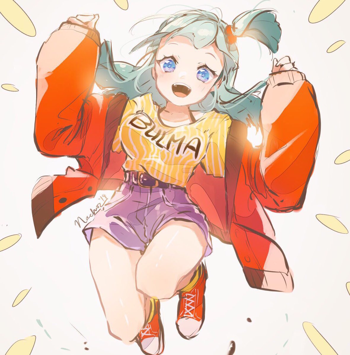 1girl :d aqua_hair belt blue_eyes blue_hair blush breasts bulma character_name dragon_ball dragon_ball_(classic) facing_viewer high-waist_shorts highres jumping long_hair nachoz_(natsukichann) open_mouth shoes shorts simple_background smile sneakers solo