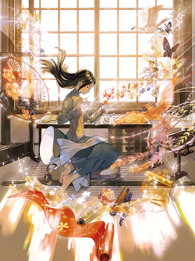 1girl barefoot bird black_hair branch bug butterfly closed_eyes cloth drawer embroidery feathers floating_hair flower insect long_hair long_sleeves original sitting solo sparkle sweater umishima_senbon white_bird window