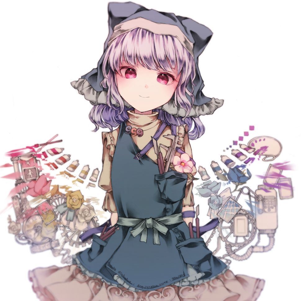 1girl apron bangs blue_hair caliper chisel clock cowboy_shot dress flower frilled_apron frilled_skirt frills gears haniyasushin_keiki head_scarf looking_at_viewer magatama_necklace paint_tube paintbrush palette pedestrian_lights puffy_short_sleeves puffy_sleeves red_eyes ribbon sato_imo short_sleeves skirt smile solo touhou yellow_dress