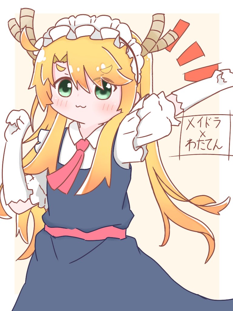 1girl 573konamilk :3 blonde_hair cosplay dragon_horns green_eyes himesaka_noa horns kobayashi-san_chi_no_maidragon maid_dress maid_headdress smile solo tooru_(maidragon) tooru_(maidragon)_(cosplay) watashi_ni_tenshi_ga_maiorita!