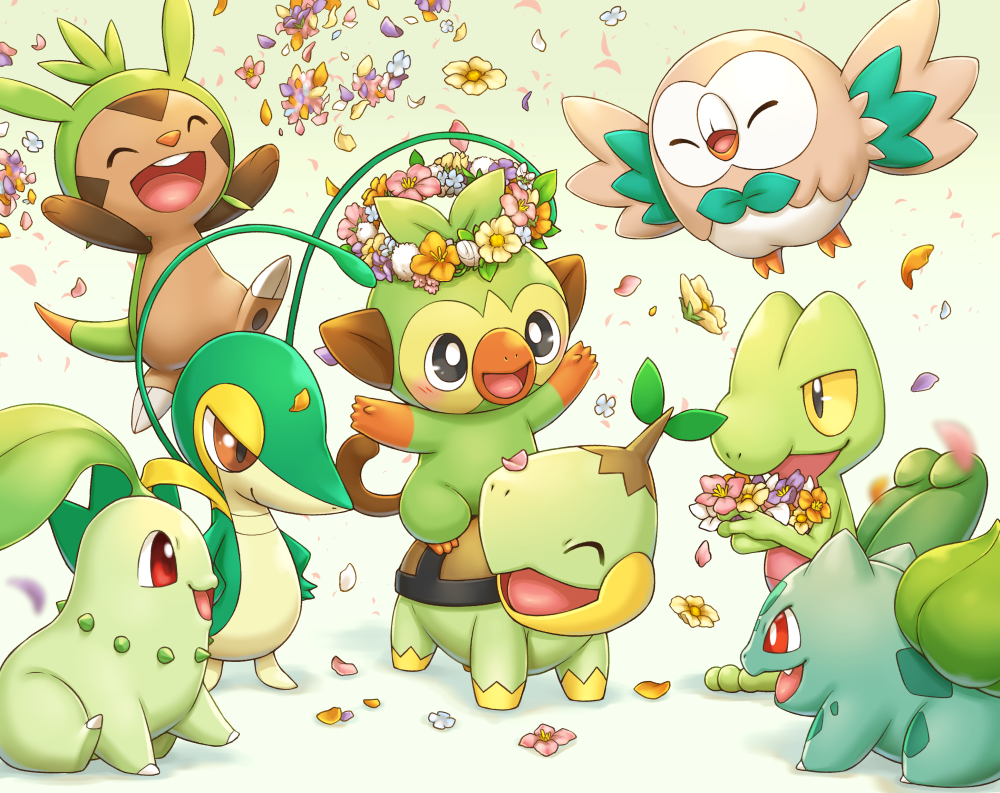 black_eyes blush bulbasaur chespin chikorita closed_eyes commentary_request fang gen_1_pokemon gen_2_pokemon gen_3_pokemon gen_4_pokemon gen_5_pokemon gen_6_pokemon gen_7_pokemon gen_8_pokemon grookey head_wreath kemonomichi_(blue_black) no_humans open_mouth pokemon pokemon_(creature) riding_pokemon rowlet sitting snivy standing starter_pokemon tongue treecko turtwig