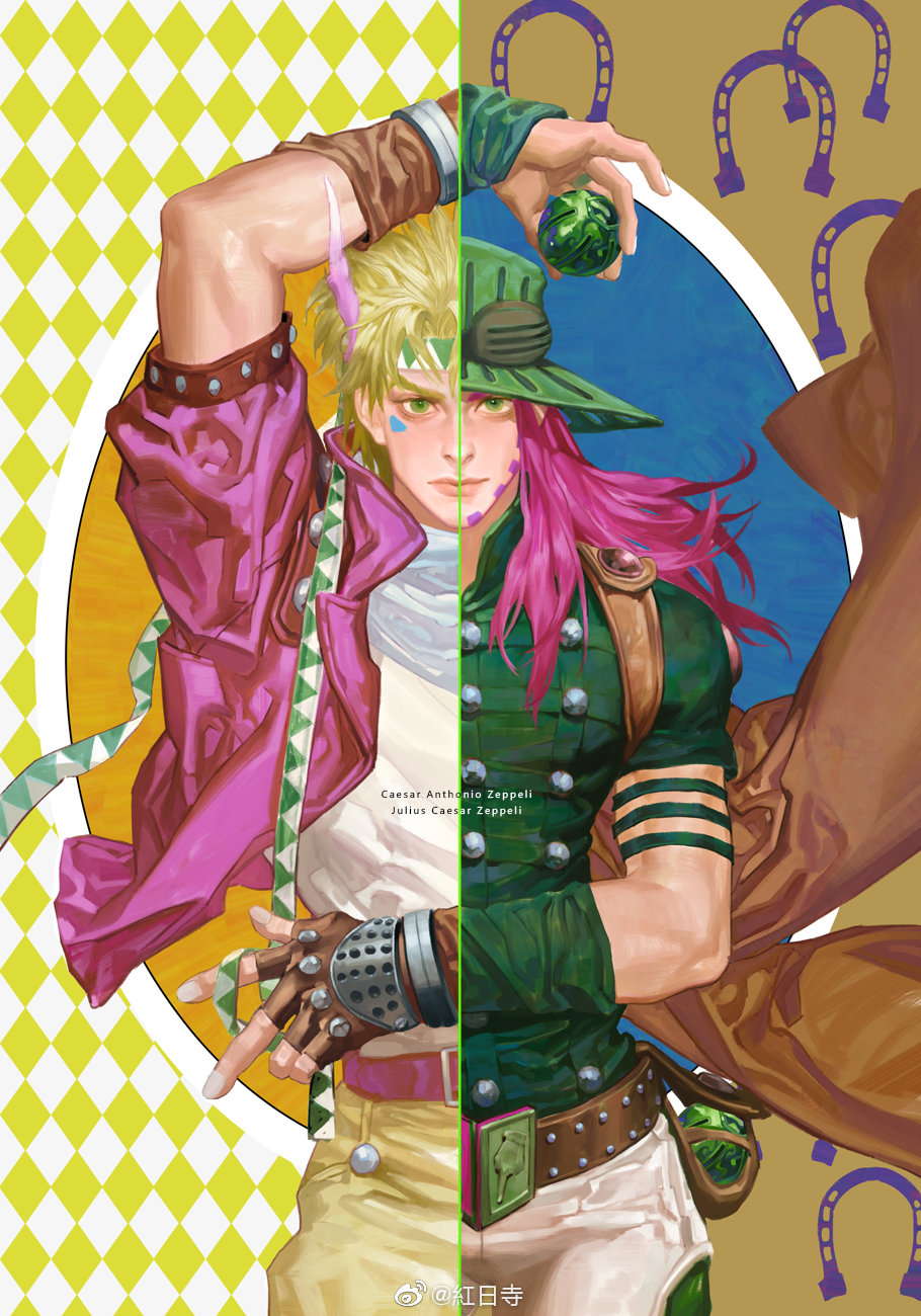 2boys argyle argyle_background arm_up ball battle_tendency beard belt blonde_hair brown_cape brown_gloves caesar_anthonio_zeppeli cape character_name closed_mouth collared_shirt cowboy_shot elna facial_hair facial_mark feathers fingerless_gloves gloves green_eyes green_headwear green_shirt gyro_zeppeli hair_feathers hat headband highres holding holding_ball horseshoe jacket jojo_no_kimyou_na_bouken long_hair looking_at_viewer male_focus multiple_boys pants pink_hair pink_jacket pouch shirt short_hair short_sleeves split_screen standing steel_ball steel_ball_run studded_belt weibo_username white_pants white_shirt yellow_pants