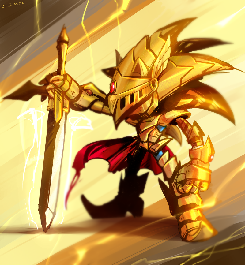 1boy armor armored_boots blurry boots breastplate caliburn_(sonic) cape dated dated_commentary excalibur full_armor full_body furry gauntlets gold_armor greaves hand_on_hilt helmet holding holding_sword holding_weapon knight male_focus pauldrons planted_sword planted_weapon red_cape sasisage shoulder_armor simple_background solo sonic sonic_and_the_black_knight sonic_the_hedgehog spoilers standing sword visor_(armor) weapon
