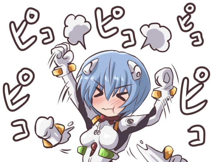 &gt;_&lt; ... 1girl :t angry ayanami_rei blue_hair blush bodysuit breasts commentary eyebrows_visible_through_hair fujitaka_nasu hair_between_eyes hair_ornament neon_genesis_evangelion plugsuit short_hair small_breasts solo standing translated visible_air white_bodysuit