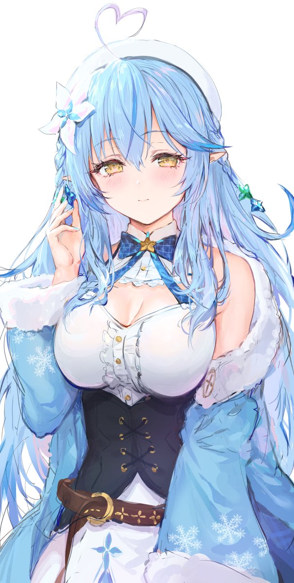 1girl ahoge bangs bare_shoulders belt beret blue_hair blue_nails blush breasts corset elf eyebrows_visible_through_hair flower fur_trim hair_between_eyes hair_flower hair_ornament hand_up haoni hat highres hololive large_breasts long_hair looking_at_viewer pointy_ears smile solo virtual_youtuber yellow_eyes yukihana_lamy