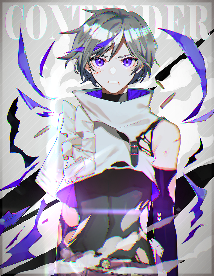 1girl 3o_c black_bodysuit bodysuit character_name contender_(girls_frontline) elbow_gloves eyebrows_visible_through_hair girls_frontline gloves grey_hair looking_at_viewer purple_gloves purple_shorts short_hair shorts simple_background solo standing tagme torn_bodysuit torn_clothes violet_eyes