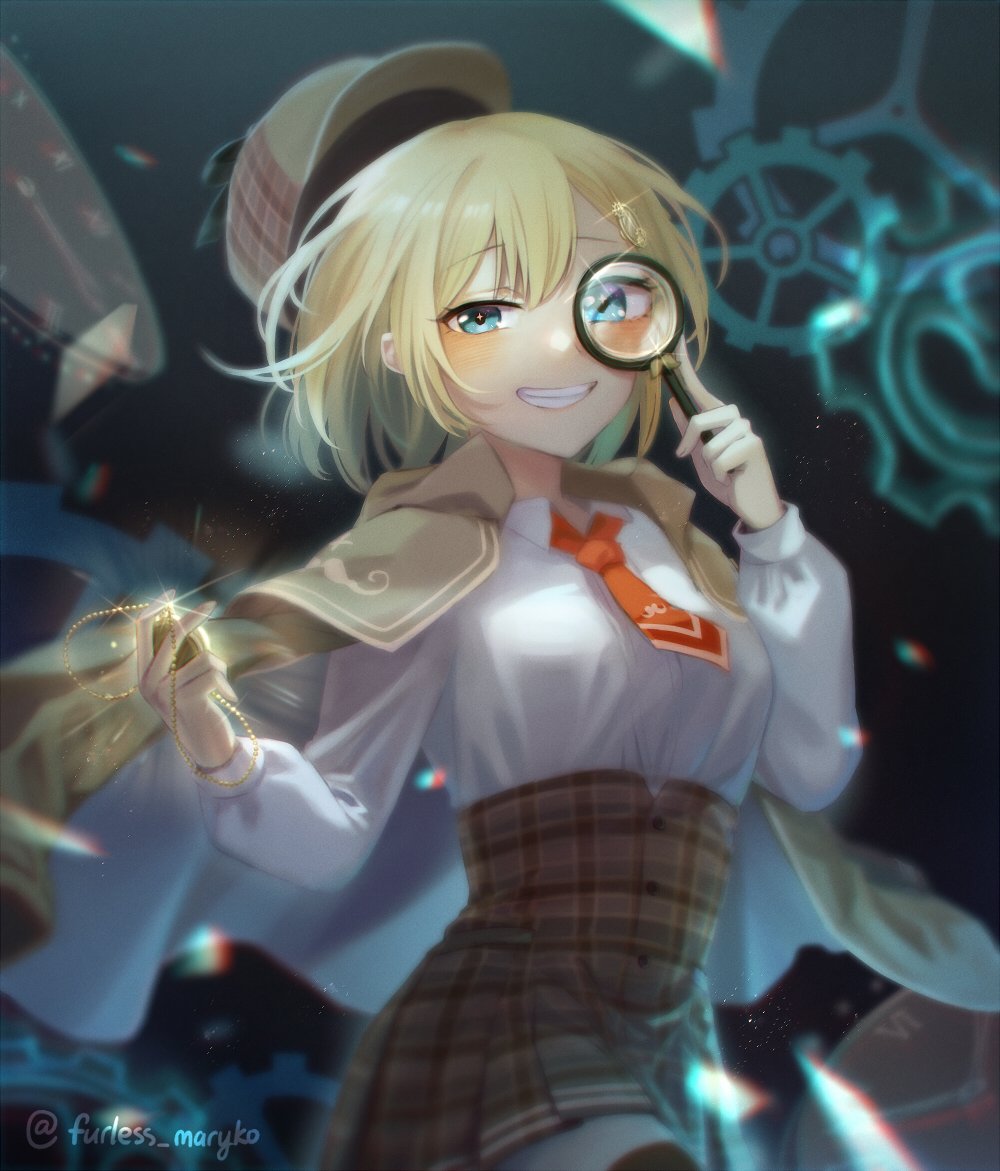 1girl blonde_hair blue_eyes blush breasts floating_hair hat holding holding_jewelry holding_magnifying_glass holding_necklace hololive hololive_english jewelry looking_at_viewer mary_(14476764) medium_breasts necklace short_hair smile solo virtual_youtuber watson_amelia