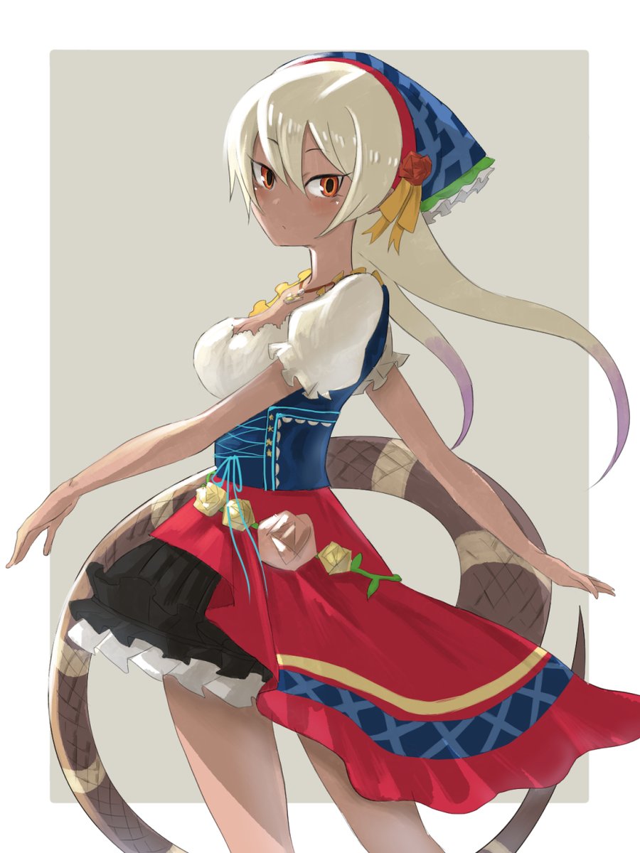 1girl alternate_costume asymmetrical_clothes black_dress blonde_hair blue_dress commentary_request corset cowboy_shot dirndl dress eyebrows_visible_through_hair frilled_dress frills gamerakero german_clothes head_scarf highres kemono_friends kemono_friends_3 king_cobra_(kemono_friends) long_hair multicolored multicolored_clothes multicolored_dress multicolored_hair orange_eyes puffy_short_sleeves puffy_sleeves purple_hair red_dress shirt short_sleeves snake_tail solo tail white_shirt