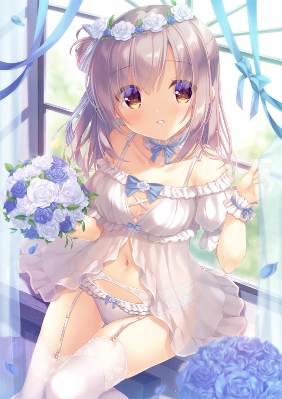 1girl babydoll blue_flower blue_rose breasts brown_eyes flower grey_hair hair_flower hair_ornament long_hair looking_at_viewer medium_breasts navel original panties rose smile solo thigh-highs underwear white_babydoll white_flower white_garter_belt white_legwear white_panties white_rose window yukie_(peach_candy)