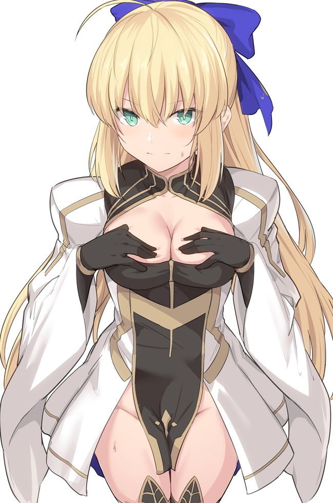 1girl ahoge artoria_pendragon_(all) artoria_pendragon_(caster) bangs black_gloves blonde_hair blue_bow blush bow breasts closed_mouth dress fate/grand_order fate_(series) gloves green_eyes hair_bow hands_on_own_chest juliet_sleeves large_breasts long_hair long_sleeves looking_at_viewer no_panties pelvic_curtain puffy_sleeves shiseki_hirame sidelocks simple_background thighs white_background white_dress wide_sleeves