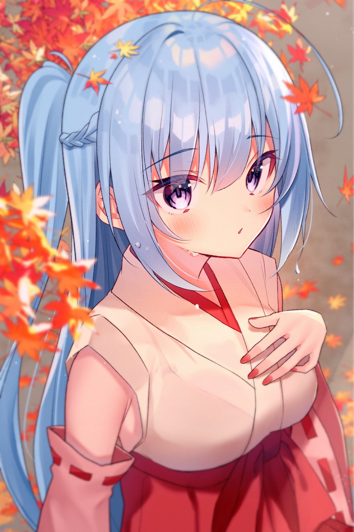 1girl ahoge autumn_leaves bangs blue_hair blurry blurry_background blurry_foreground blush braid breasts commentary_request depth_of_field detached_sleeves eyebrows_visible_through_hair gyozanuko hair_between_eyes hakama hand_on_own_chest hand_up highres japanese_clothes kimono leaf leaf_on_head long_hair long_sleeves looking_at_viewer maple_leaf medium_breasts miko nail_polish original parted_lips ponytail red_hakama red_nails ribbon-trimmed_sleeves ribbon_trim sleeveless sleeveless_kimono solo very_long_hair violet_eyes white_kimono white_sleeves wide_sleeves
