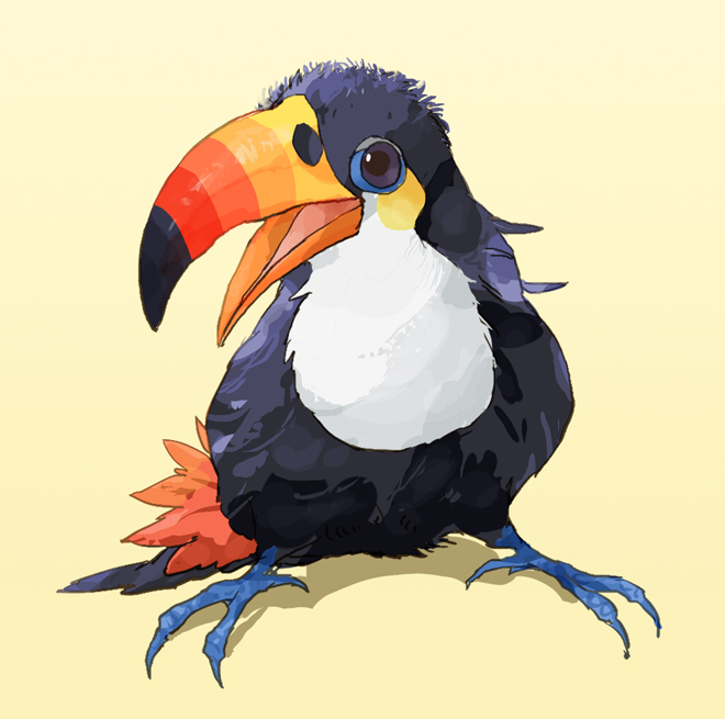 beak bird black_eyes commentary_request full_body gen_7_pokemon no_humans nyala_(nyala_766) open_mouth pokemon pokemon_(creature) simple_background solo talons toucannon yellow_background