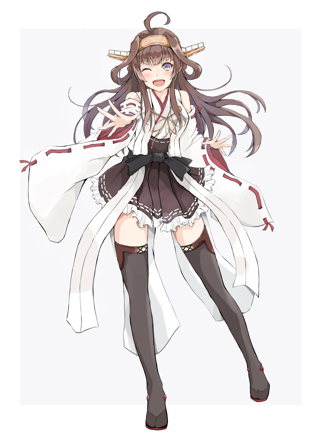 1girl ahoge boots border brown_hair contrapposto dairyo3 detached_sleeves double_bun full_body grey_background hairband hakama_skirt headgear highres japanese_clothes kantai_collection kongou_(kantai_collection) long_hair looking_at_viewer one_eye_closed ribbon-trimmed_sleeves ribbon_trim simple_background smile solo standing thigh-highs thigh_boots violet_eyes white_border