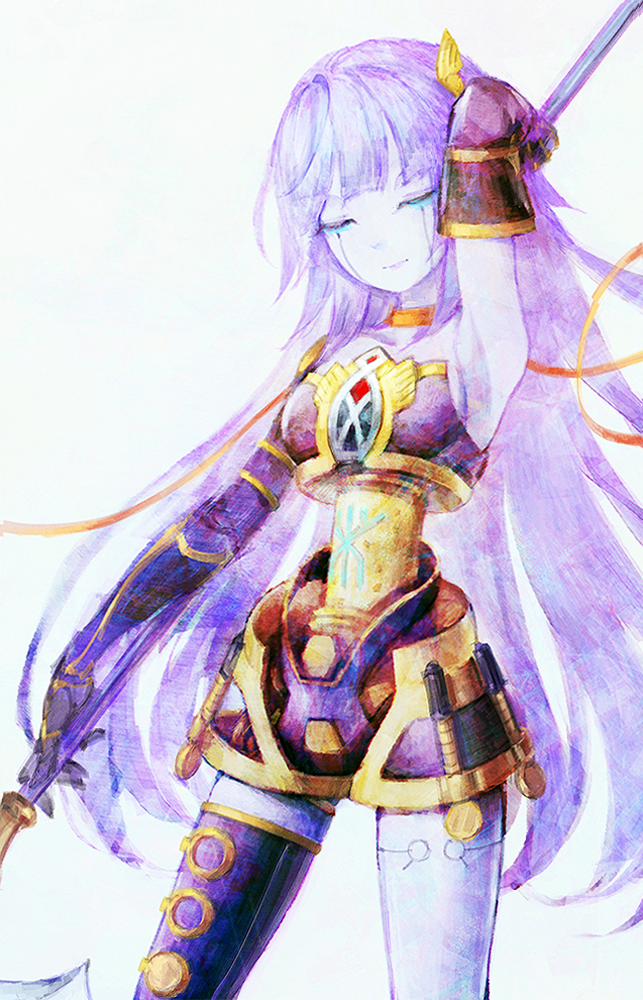 1girl android arm_up armpits asymmetrical_legwear bangs blunt_bangs breasts closed_eyes cowboy_shot duel_monster elbow_gloves galatea_(yuu-gi-ou) gloves gold_trim hand_behind_head holding holding_weapon joints labombardier! long_hair mechanical_legs mechanical_parts purple_gloves purple_hair purple_legwear robot_joints simple_background solo weapon yu-gi-oh!