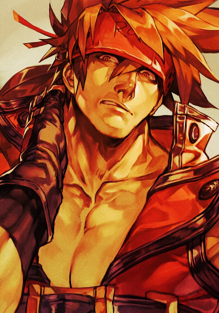 1boy belt brown_eyes brown_hair collarbone fingerless_gloves gloves grey_background guilty_gear guilty_gear_xrd hankuri headband jacket male_focus muscle pectorals red_jacket shading simple_background sol_badguy solo upper_body