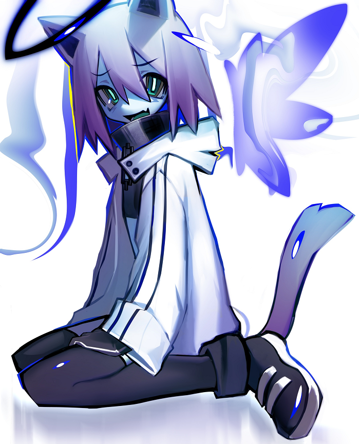 1girl animal_ears black_footwear black_legwear bright_pupils cat_ears cat_girl cat_tail chain collar fang gloves green_eyes halo jacket original purple_hair short_hair skin_fang tail transparent_wings v1v404 white_jacket white_pupils