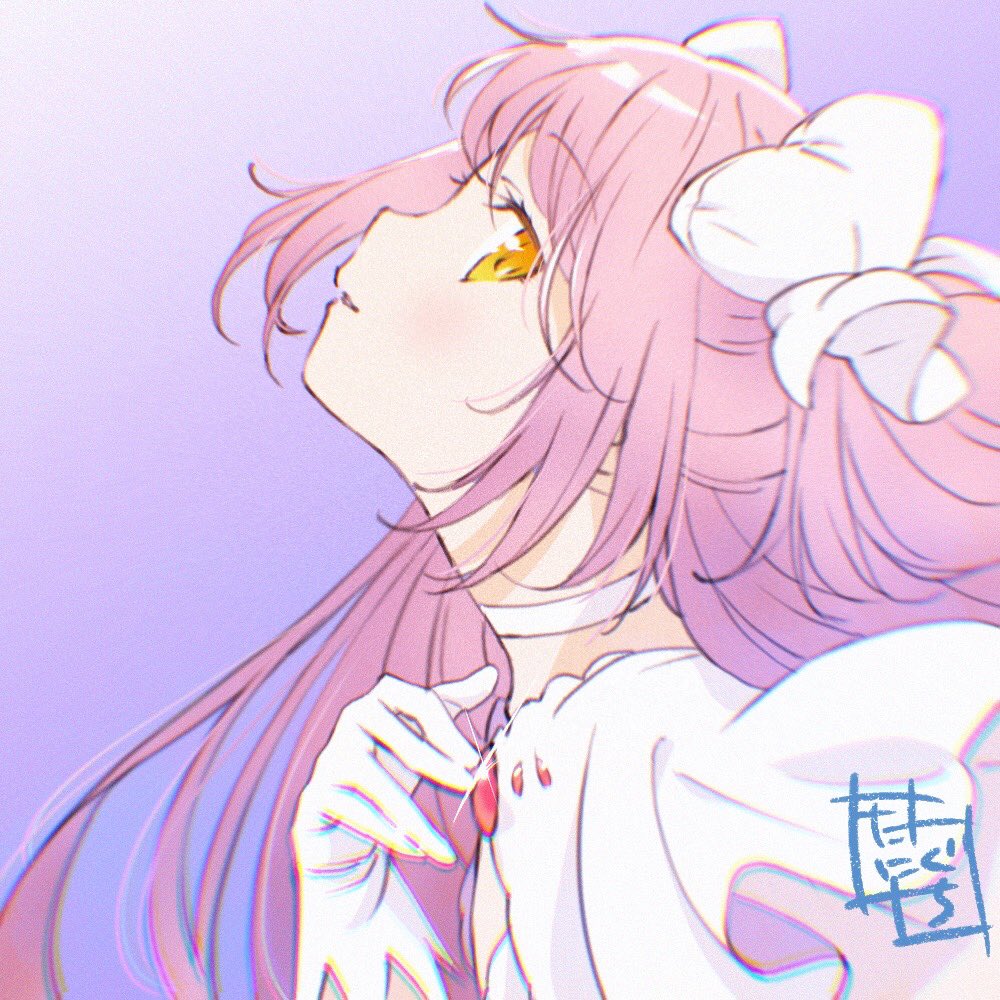 1girl blurry choker chromatic_aberration close-up clothes_lift commentary_request depth_of_field eyebrows_visible_through_hair eyelashes face floating_hair from_side glint gloves goddess_madoka gradient gradient_background hair_ribbon half-closed_eyes hand_on_own_chest hand_up head_tilt kaname_madoka light_blush light_smile long_hair looking_back mahou_shoujo_madoka_magica parted_lips pink_hair profile purple_background ribbon shaft_look shiny shiny_hair sidelocks signature simple_background solo taniguchi_jun'ichirou tareme two_side_up upper_body white_choker white_gloves white_neckwear white_ribbon wide_sleeves yellow_eyes