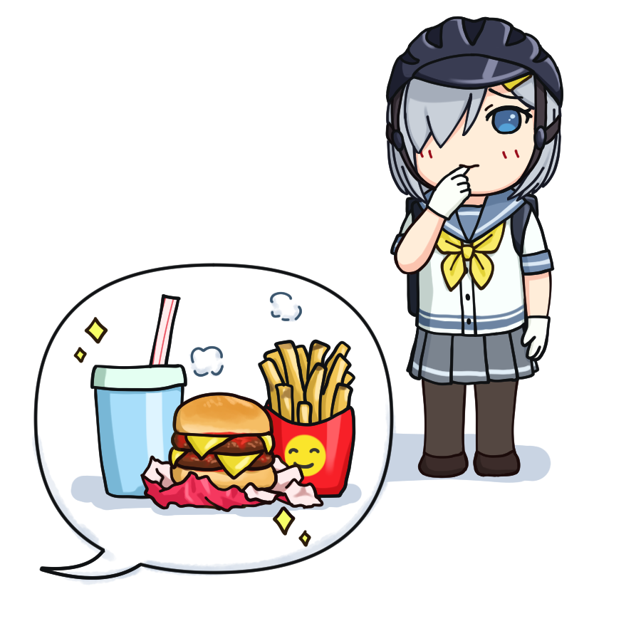 1girl 3toshinhmkz bicycle_helmet black_legwear blue_eyes blue_sailor_collar chibi commentary_request drink fast_food finger_to_mouth food french_fries full_body gloves grey_skirt hair_ornament hair_over_one_eye hairclip hamakaze_(kantai_collection) hamburger helmet kantai_collection neckerchief pantyhose pleated_skirt sailor_collar school_uniform serafuku short_hair silver_hair simple_background skirt solo speech_bubble standing white_background white_gloves yellow_neckwear