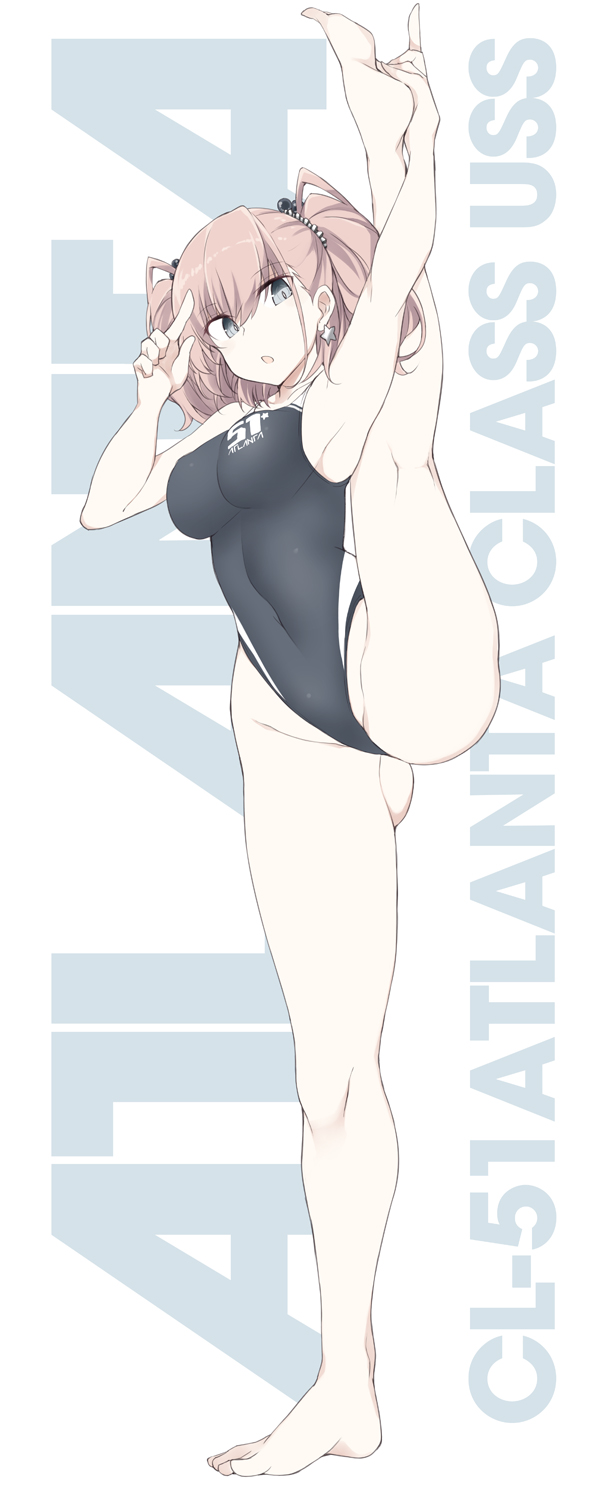 1girl armpits atlanta_(kantai_collection) bare_arms bare_legs bare_shoulders barefoot black_swimsuit breasts brown_hair character_name clothes_writing competition_swimsuit earrings eyebrows_visible_through_hair full_body grey_eyes hair_between_eyes highres jewelry kantai_collection large_breasts long_hair one-piece_swimsuit open_mouth solo souji star_(symbol) star_earrings swimsuit two_side_up white_background