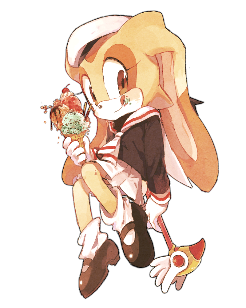 1girl adorable animal animal_ears beret brown_eyes cherry cosplay cream_the_rabbit eating food food_on_face fruit full_body furry fuuin_no_tsue hat holding holding_food holding_wand ice_cream ice_cream_cone ice_cream_on_face kinomoto_sakura kinomoto_sakura_(cosplay) licking loafers long_sleeves looking_at_viewer loose_socks mammal no_humans photoshop_(medium) pleated_skirt pocky rabbit ryaa1234 school_uniform sega shoes skirt solo sonic_team sonic_the_hedgehog tomoeda_middle_school_uniform tongue tongue_out transparent_background triple_scoop waffle_cone wand white_neckwear white_skirt