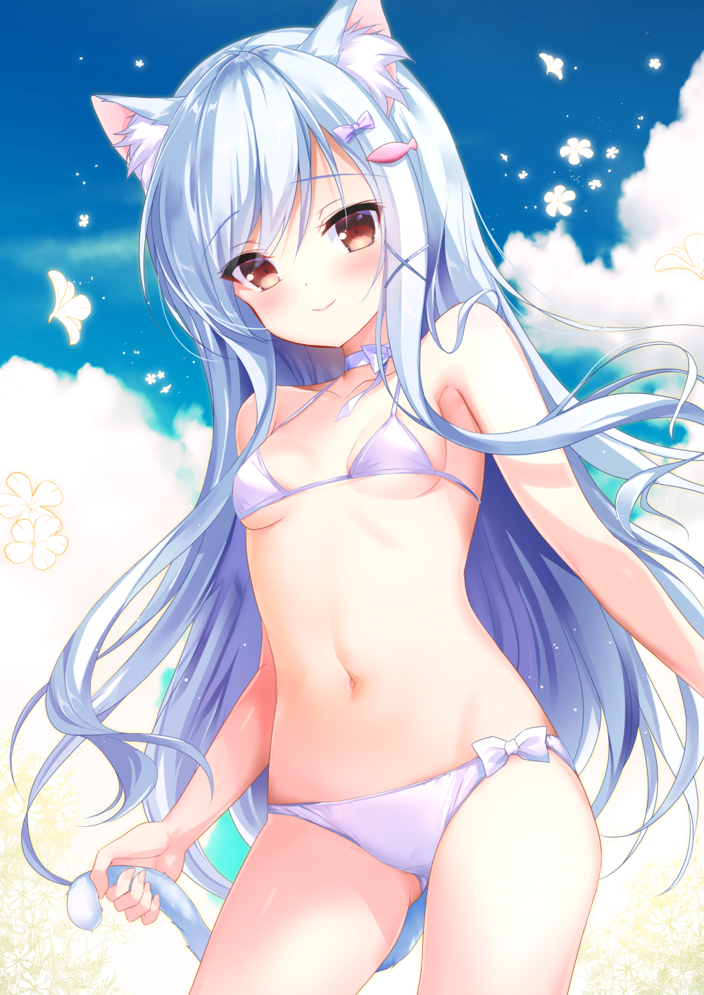 1girl animal_ears ass_visible_through_thighs bangs bare_arms bare_shoulders bikini blue_hair blue_sky blush bow breasts cat_ears cat_tail choker clouds cloudy_sky collarbone commentary_request contrapposto cowboy_shot emily_(pure_dream) eyebrows_visible_through_hair fish_hair_ornament hair_bow hair_ornament highres long_hair looking_at_viewer multicolored_hair navel open_mouth original red_eyes side-tie_bikini sky small_breasts smile solo standing stomach swimsuit tail tail_grab two-tone_hair white_bikini white_choker white_hair x_hair_ornament
