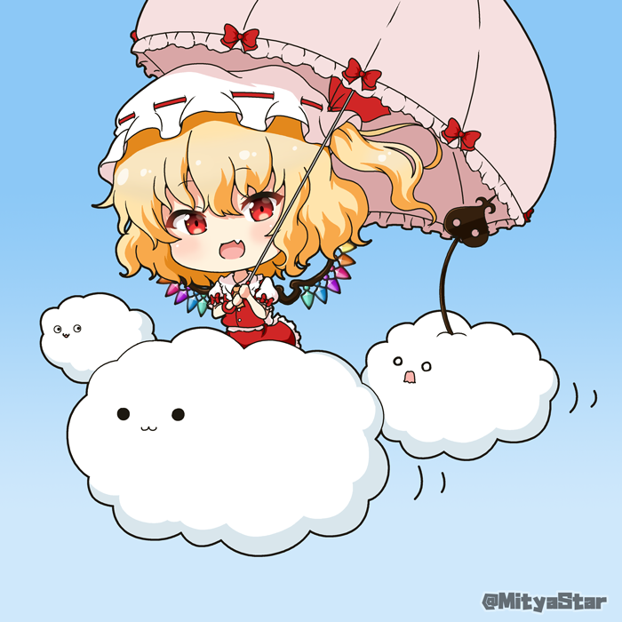 1girl :3 :d bangs blonde_hair blue_background blush bow clouds collared_shirt commentary_request crystal eyebrows_visible_through_hair fang flandre_scarlet frilled_shirt_collar frilled_umbrella frills gradient gradient_background hair_between_eyes hat holding holding_umbrella laevatein looking_at_viewer miicha mob_cap o_o one_side_up open_mouth pink_umbrella puffy_short_sleeves puffy_sleeves red_bow red_ribbon red_skirt red_vest ribbon shirt short_sleeves skirt skirt_set smile solid_circle_eyes solo touhou twitter_username umbrella vest white_headwear white_shirt wings