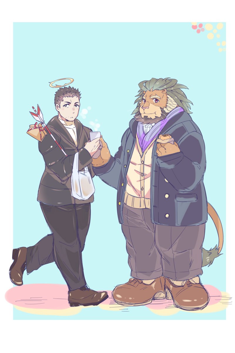 2boys alternate_costume animal_ears arrow_(projectile) arsalan_(tokyo_houkago_summoners) bag bara beard black_hair blonde_hair blush brown_eyes brown_fur casual coat contemporary couple cup disposable_cup facial_hair fingernails full_body furry green_hair halo highres leg_lift lion_boy lion_ears lion_tail male_focus medium_hair multicolored_hair multiple_boys pants scarf sharp_fingernails shoes shopping_bag short_hair sketch stubble tail thick_thighs thighs tokyo_houkago_summoners two-tone_hair winter_clothes yellow_eyes youzora_samo18 zabaniya_(tokyo_houkago_summoners)