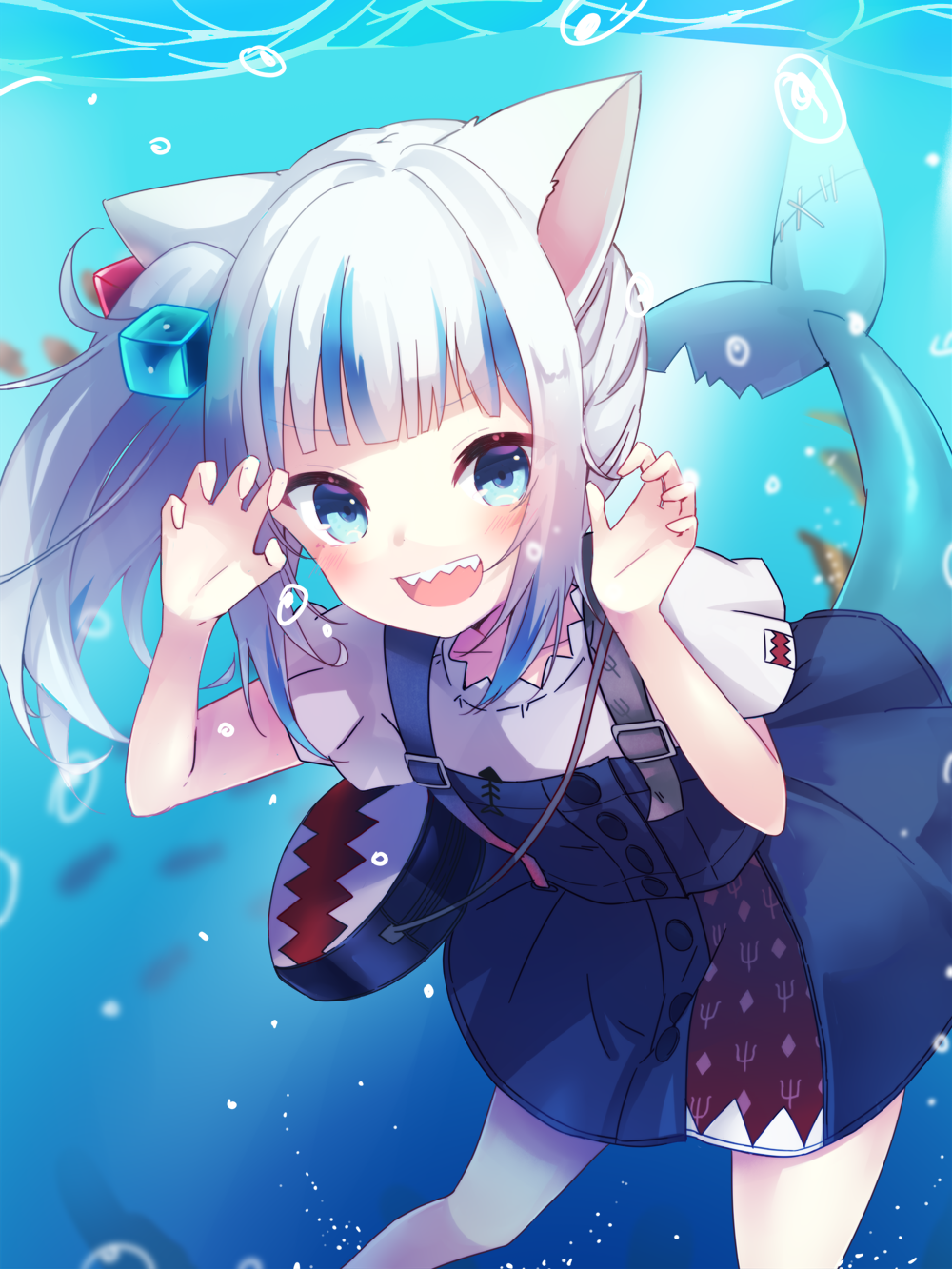 1girl :d amagasa_nadame animal_ears bag bangs blue_dress blue_eyes blue_hair blush cat_ears claw_pose collarbone commentary_request day dress eyebrows_visible_through_hair feet_out_of_frame fish_tail gawr_gura hair_cubes hair_ornament hands_up highres hololive hololive_english looking_at_viewer multicolored_hair open_mouth outdoors shark_tail sharp_teeth shirt shoulder_bag side_ponytail sleeveless sleeveless_dress smile solo streaked_hair tail teeth underwater virtual_youtuber water white_shirt