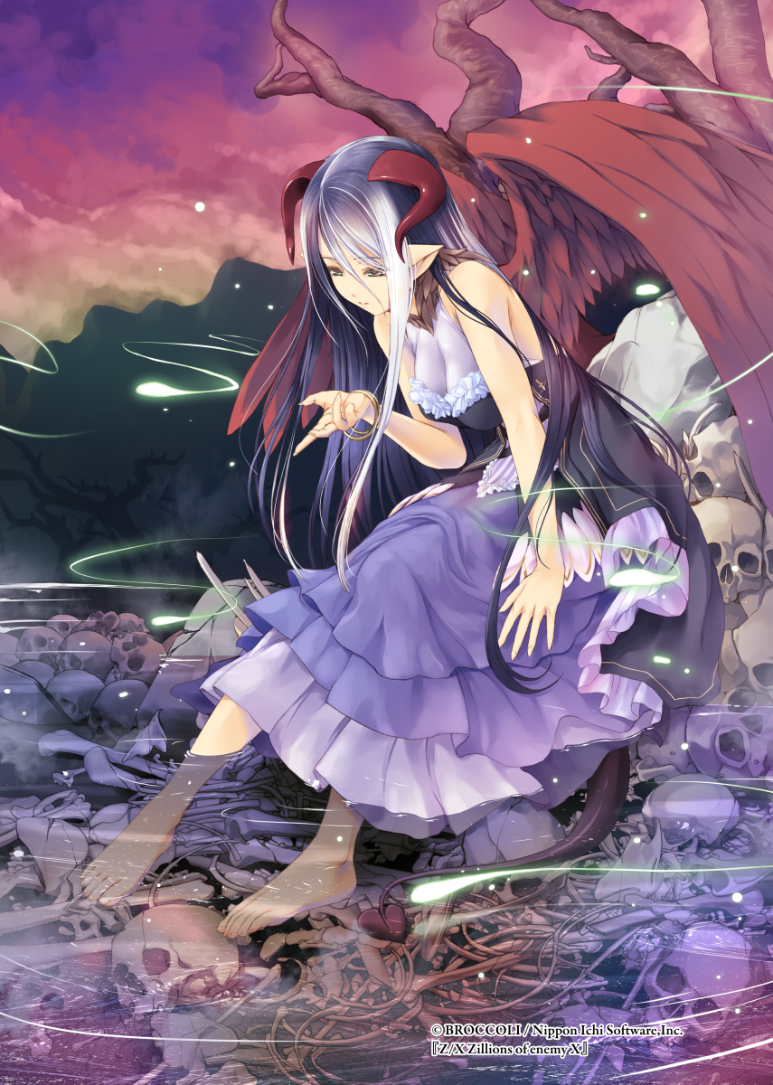 1girl arm_support bare_shoulders barefoot black_hair bracelet breasts copyright_name demon_girl demon_horns demon_tail dress feathered_wings fingernails frills full_body hair_between_eyes highres hitodama horns jewelry kirishima_satoshi layered_dress light_particles long_fingernails looking_down multicolored_hair official_art outdoors outstretched_hand parted_lips pile_of_skulls pointy_ears purple_dress red_wings sad sitting skull sky sleeveless sleeveless_dress soaking_feet solo streaked_hair tail tree water water_surface white_hair wings z/x