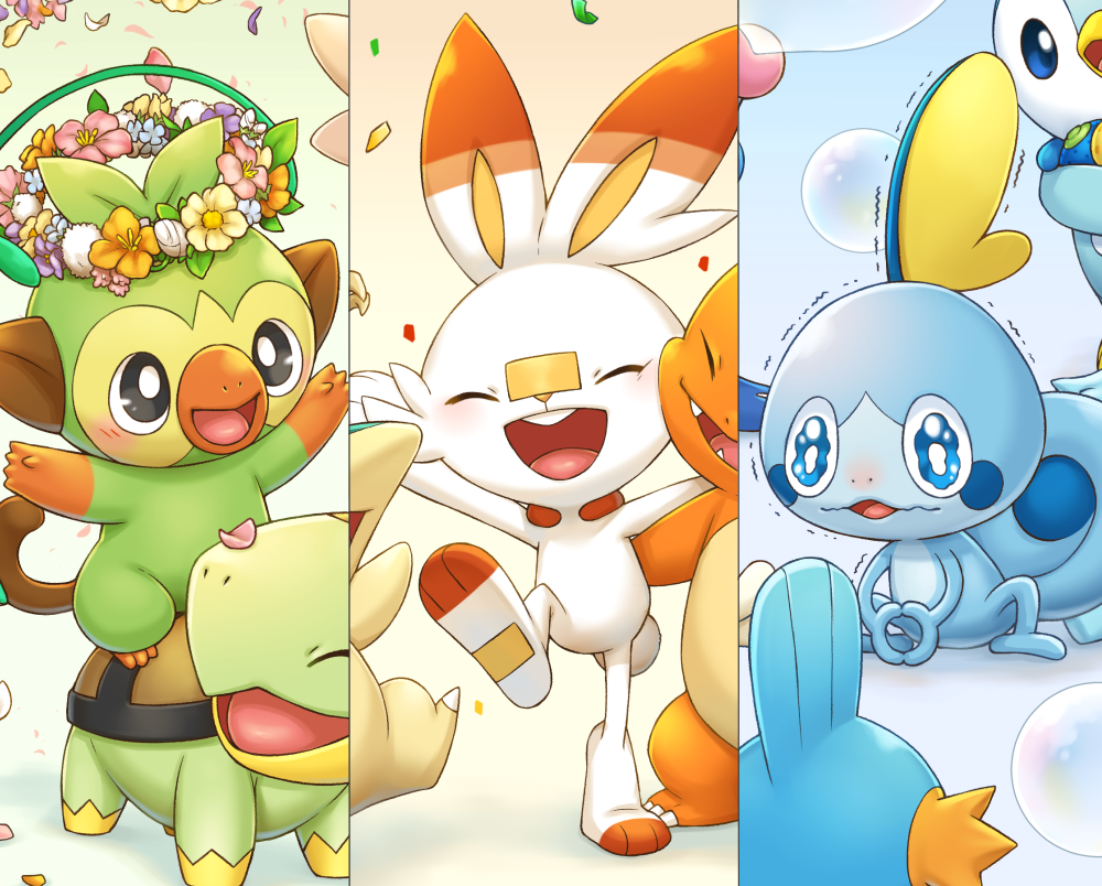 black_eyes blush bubble charmander closed_eyes commentary_request cyndaquil fang gen_1_pokemon gen_2_pokemon gen_3_pokemon gen_4_pokemon gen_8_pokemon grookey hands_together hands_up happy head_wreath kemonomichi_(blue_black) looking_back mudkip no_humans open_mouth petals piplup pokemon pokemon_(creature) riding_pokemon scorbunny sobble standing starter_pokemon tongue trembling turtwig wavy_eyes