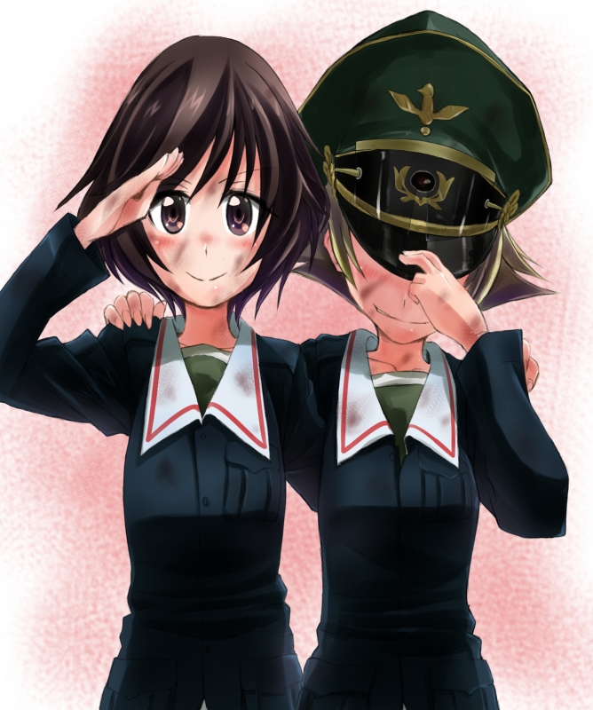 2girls adjusting_clothes adjusting_headwear akiyama_yukari attyon bangs blonde_hair blue_jacket brown_eyes brown_hair closed_mouth commentary dirty dirty_clothes dirty_face erwin_(girls_und_panzer) facing_viewer girls_und_panzer goggles goggles_on_headwear green_headwear green_shirt grin hand_on_another's_shoulder hat hat_over_eyes jacket long_sleeves looking_at_viewer messy_hair military military_hat military_uniform multiple_girls ooarai_military_uniform peaked_cap pointy_hair salute shirt short_hair side-by-side smile standing uniform