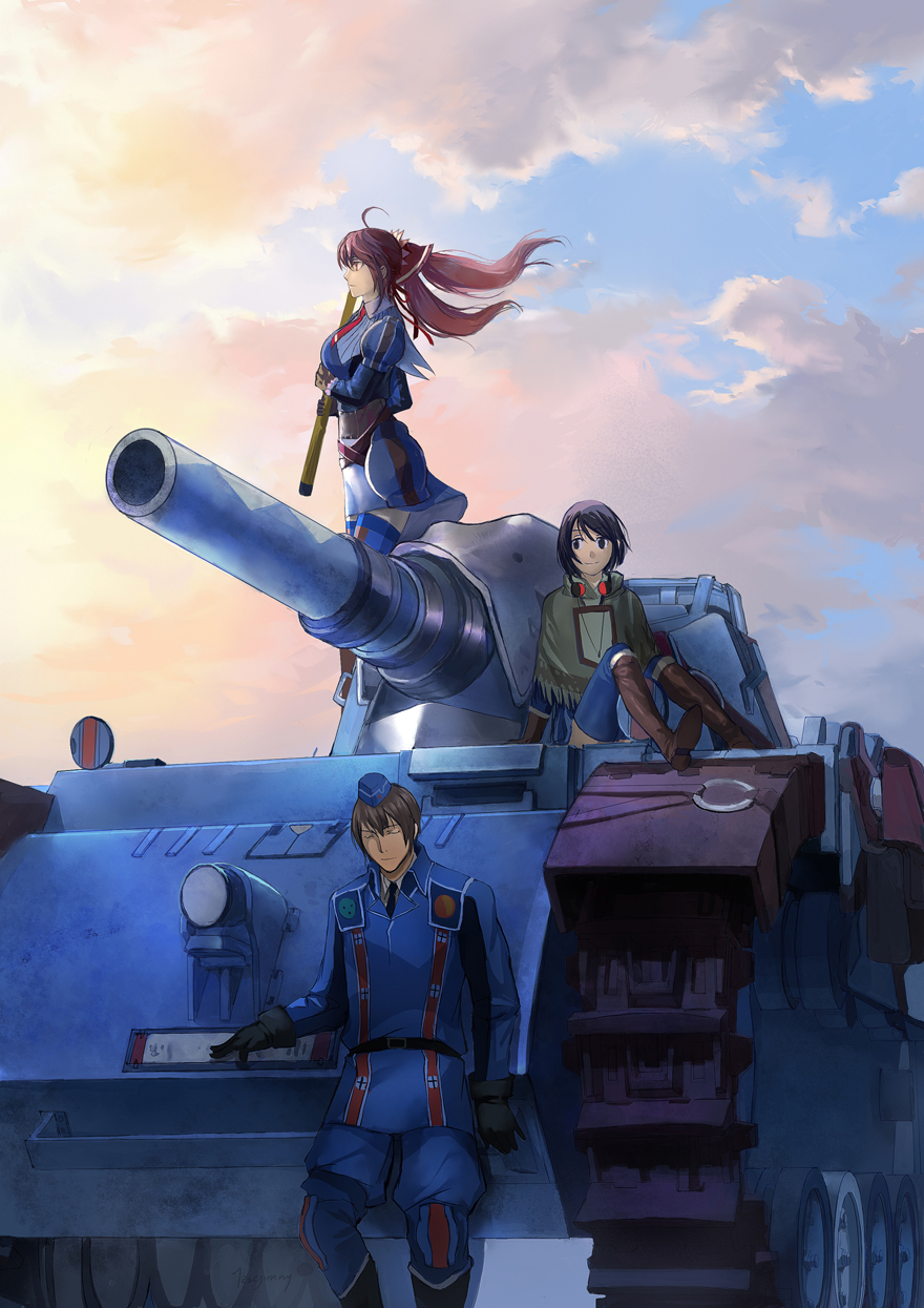 1boy 2girls alicia_melchiott black_eyes black_gloves black_hair bonnet breasts brown_eyes brown_hair caterpillar_tracks closed_eyes clouds commentary_request edelweiss_(senjou_no_valkyria) evening gloves ground_vehicle gun hat highres isara_gunther kzcjimmy military military_hat military_uniform military_vehicle motor_vehicle multiple_girls necktie rifle senjou_no_valkyria senjou_no_valkyria_1 short_hair sky smile tank twintails uniform weapon welkin_gunther