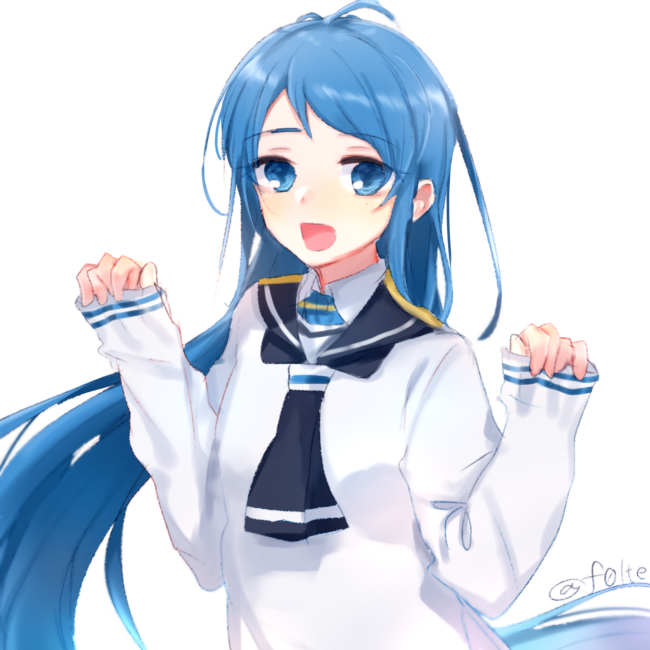 1girl adapted_costume bangs black_neckwear black_sailor_collar blue_eyes blue_hair commentary_request folte gradient_hair kantai_collection long_hair looking_at_viewer multicolored_hair neckerchief open_mouth sailor_collar samidare_(kantai_collection) school_uniform serafuku simple_background solo sweater swept_bangs upper_body very_long_hair white_background white_sweater