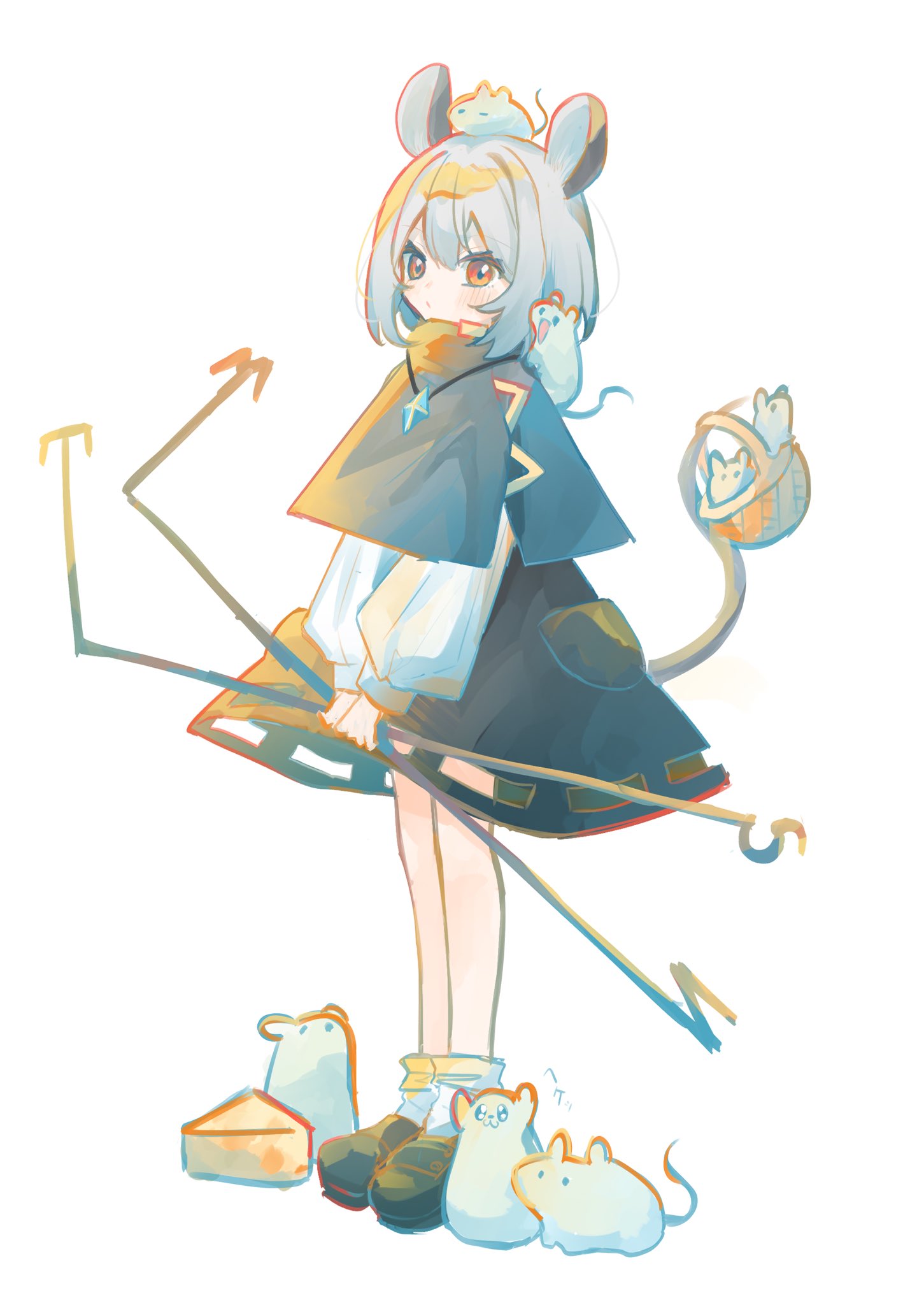 1girl animal animal_ears black_capelet black_footwear black_skirt capelet cheese dowsing_rod food full_body grey_hair hair_between_eyes highres jewelry long_sleeves mouse mouse_ears mouse_tail nazrin pendant red_eyes sabatuki shirt shoes short_hair simple_background skirt socks solo tail touhou white_background white_shirt white_socks