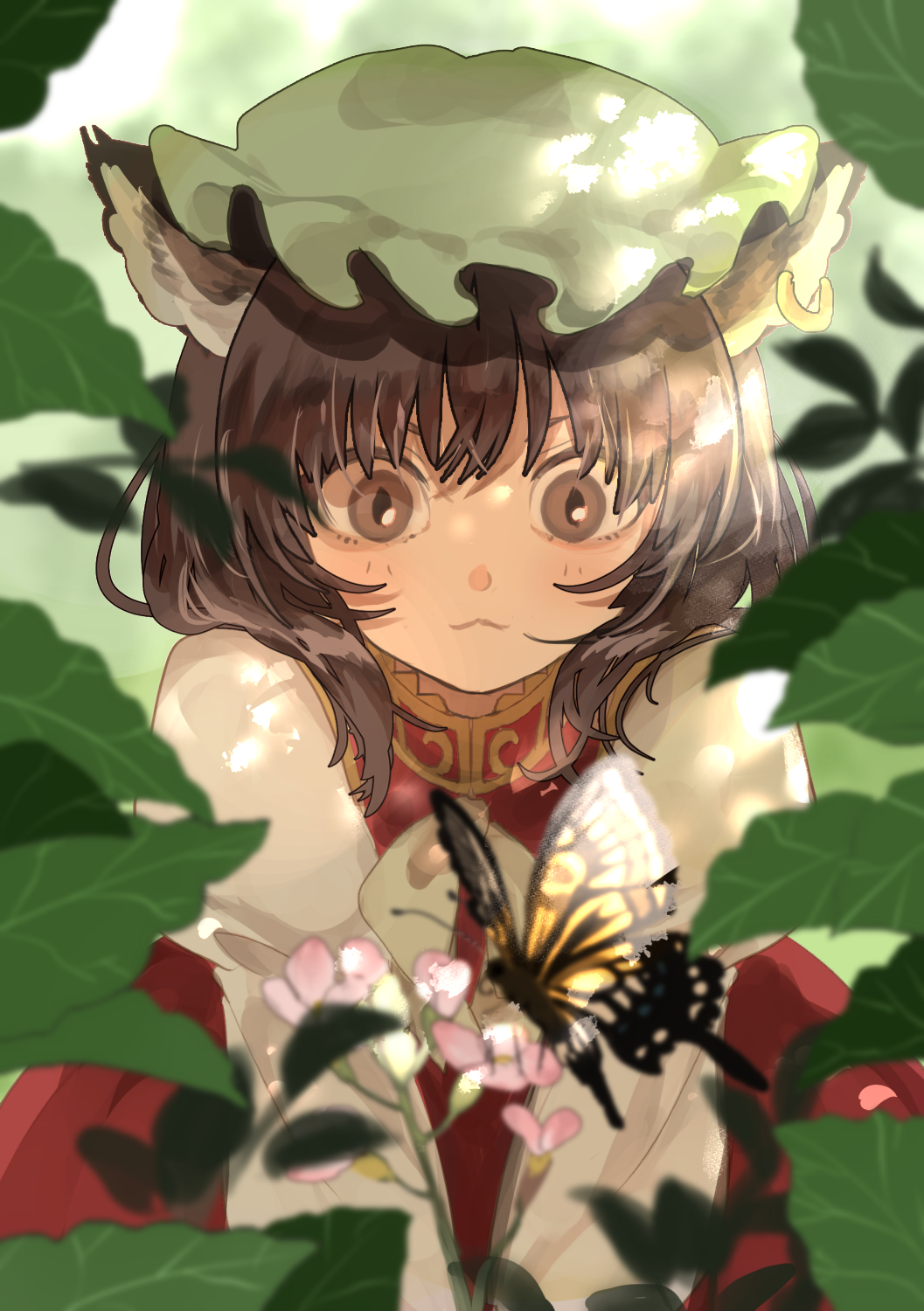 1girl :3 animal_ears bangs brown_eyes brown_hair bug butterfly cat_ears chen commentary dappled_sunlight dress flower green_headwear hat highres insect jewelry joniko1110 leaf long_sleeves medium_hair mob_cap red_dress shirt single_earring slit_pupils solo sunlight touhou upper_body white_neckwear white_shirt