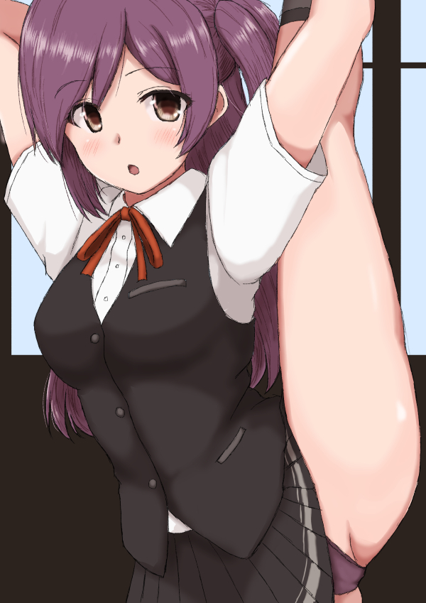 1girl ahoge alumina1863 arms_up black_skirt black_vest blouse brown_eyes commentary_request cowboy_shot hagikaze_(kantai_collection) kantai_collection long_hair looking_at_viewer neck_ribbon one_side_up panties pleated_skirt purple_hair purple_panties red_ribbon ribbon school_uniform skirt solo split standing standing_on_one_leg standing_split underwear vest white_blouse window