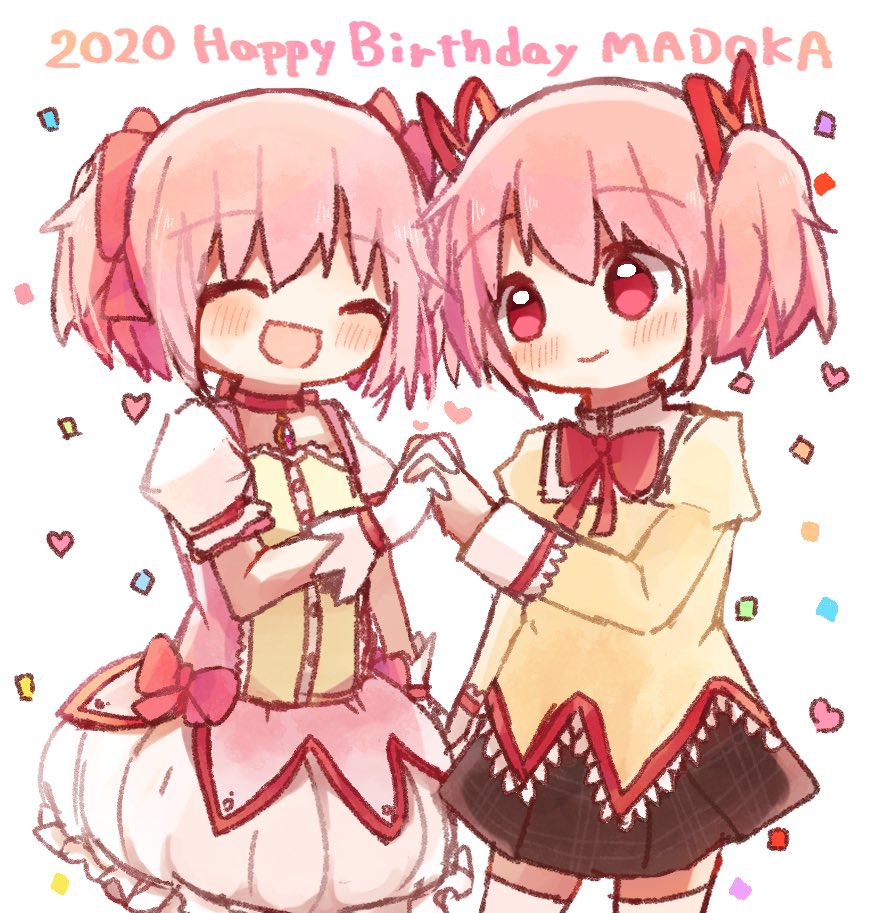 2020 2girls :d ^_^ black_skirt blush bubble_skirt character_name chibi closed_eyes closed_mouth commentary_request confetti cowboy_shot dated dual_persona eyebrows_visible_through_hair frilled_skirt frills gloves hair_ribbon hand_up happy happy_birthday heart high_collar holding_hands interlocked_fingers juliet_sleeves kaname_madoka long_sleeves looking_at_another mahou_shoujo_madoka_magica mitakihara_school_uniform multiple_girls neck_ribbon no_nose okayutoma open_mouth pink_eyes pink_hair pink_ribbon plaid plaid_skirt pleated_skirt puffy_short_sleeves puffy_sleeves red_ribbon ribbon school_uniform short_sleeves side-by-side simple_background skirt smile twintails uniform white_background white_gloves white_legwear white_skirt