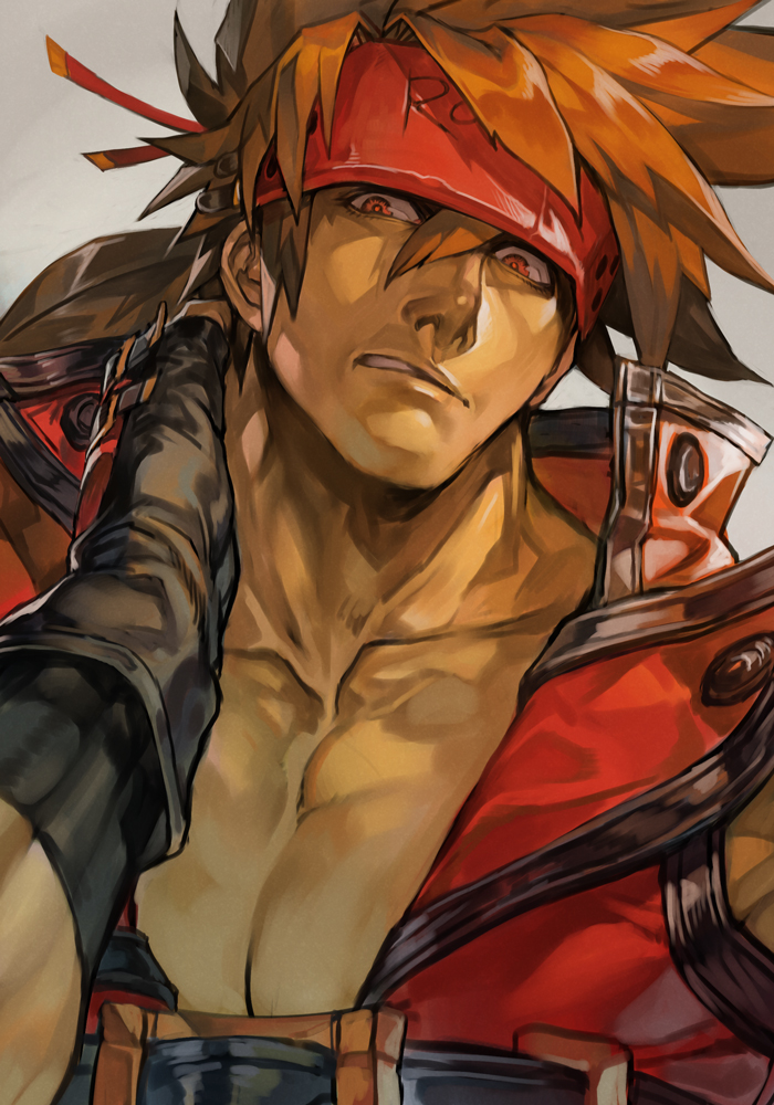 1boy belt brown_eyes brown_hair collarbone fingerless_gloves gloves grey_background guilty_gear guilty_gear_xrd hankuri headband jacket male_focus muscle pectorals red_jacket simple_background sol_badguy solo upper_body