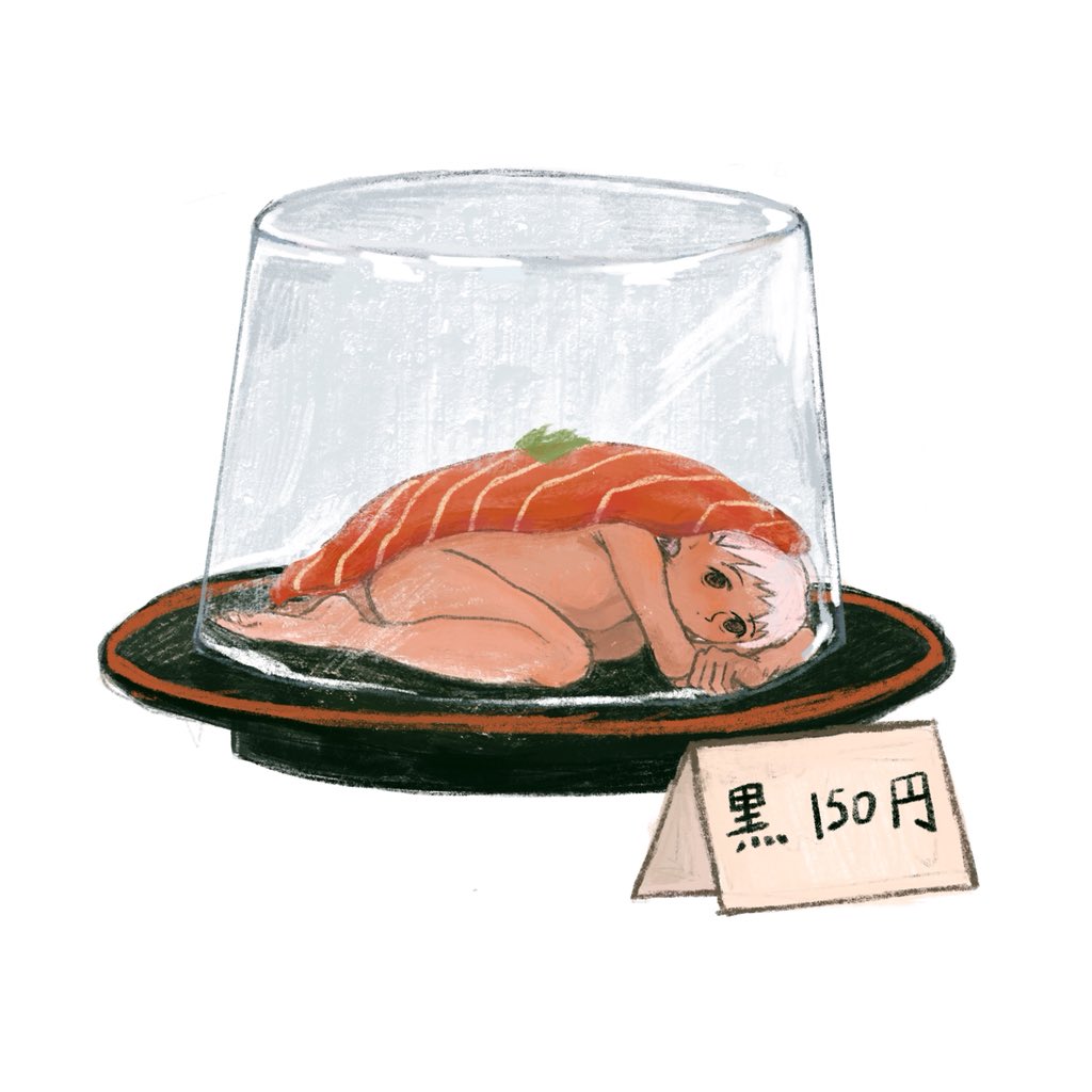 1girl black_eyes breasts commentary_request congming33 dot_mouth food full_body glass looking_at_viewer lying nude on_side original plate price sashimi short_hair sign small_breasts soles solo white_hair