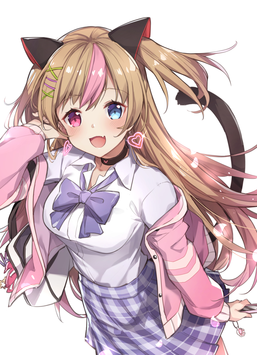 3.14 bangs blue_bow blue_eyes blue_skirt blush bow breasts brown_hair cat_tail earrings fang girls_frontline hair_ornament hairclip heart heart_earrings heterochromia jacket jewelry large_breasts long_hair long_sleeves mk23_(girls_frontline) multicolored_hair open_mouth pink_eyes pink_hair pink_jacket skirt smile swept_bangs tail very_long_hair x_hair_ornament