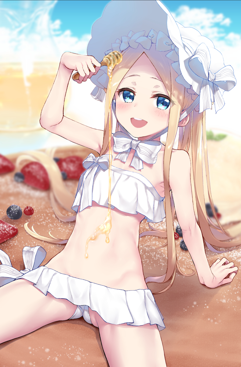 1girl abigail_williams_(fate/grand_order) abigail_williams_(swimsuit_foreigner)_(fate) bangs bare_shoulders bikini blonde_hair blue_eyes bonnet bow braid breasts fate/grand_order fate_(series) forehead hair_bow hair_rings highres long_hair miniskirt navel parted_bangs sidelocks skirt small_breasts suga_hideo swimsuit twin_braids twintails very_long_hair white_bikini white_bow white_headwear