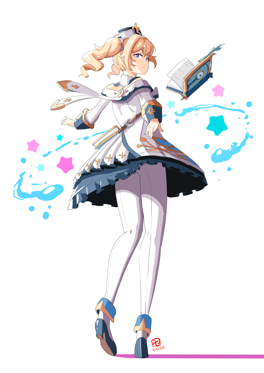 1girl automatic_giraffe barbara_(genshin_impact) blonde_hair book dress genshin_impact hat high_heels shoes solo star_(symbol) twintails water white_dress white_headwear white_legwear