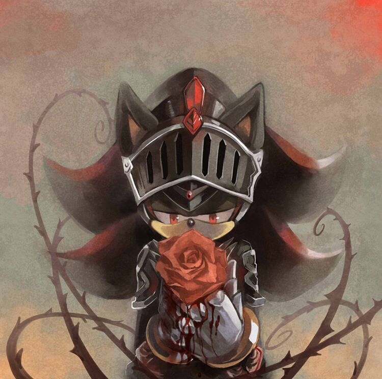 1boy armor blood bloody_hands flower furry gauntlets helmet holding holding_flower knight medieval nasu_nashi red_eyes red_flower red_rose rose shadow_the_hedgehog solo sonic_and_the_black_knight sonic_the_hedgehog thorns