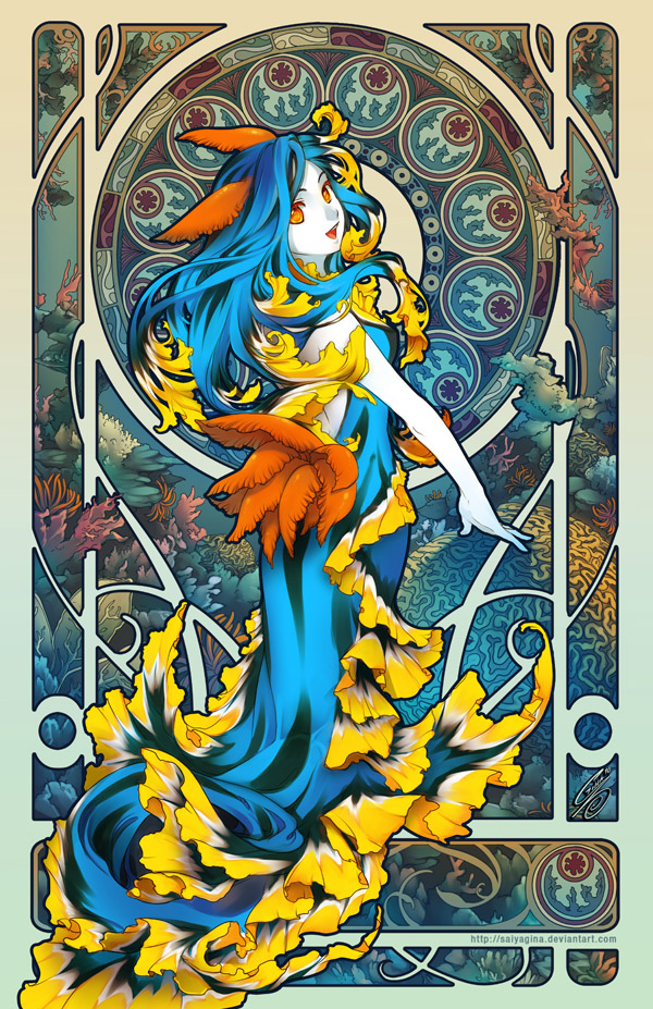 1girl art_nouveau blue_dress blue_hair dress from_behind gina_chacon long_hair looking_at_viewer open_mouth orange_eyes original personification sea_slug sleeveless sleeveless_dress slug_girl smile solo watermark web_address